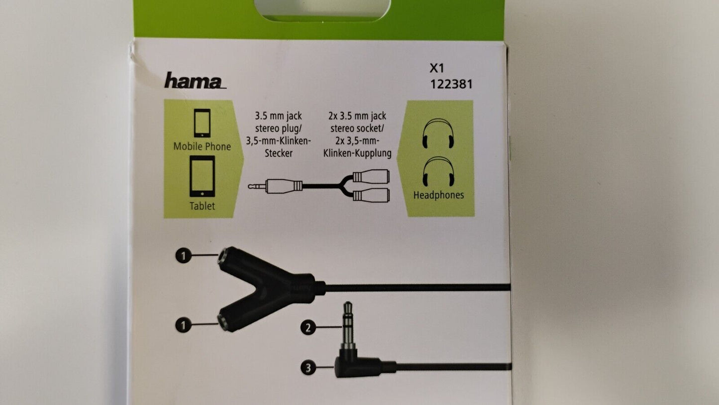 Hama Audio Adapter Single Male 3.5mm Jack to Dual Female Y Splitter