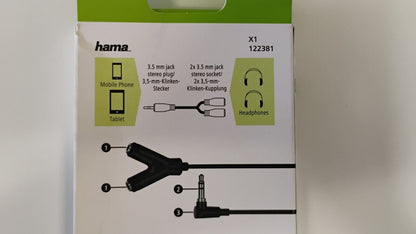 Hama Audio Adapter Single Male 3.5mm Jack to Dual Female Y Splitter